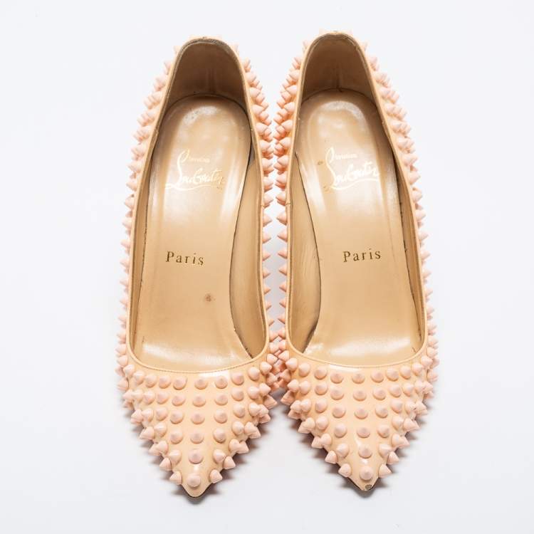 Pre Owned Christian Louboutin Light Peach Patent Leather Pigalle Spikes Pumps Size 36.5 