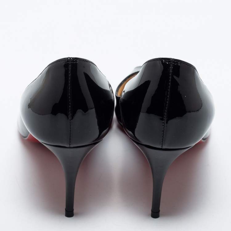 Pre Owned Christian Louboutin Black Patent Leather Flo Peep Toe Pumps Size 35