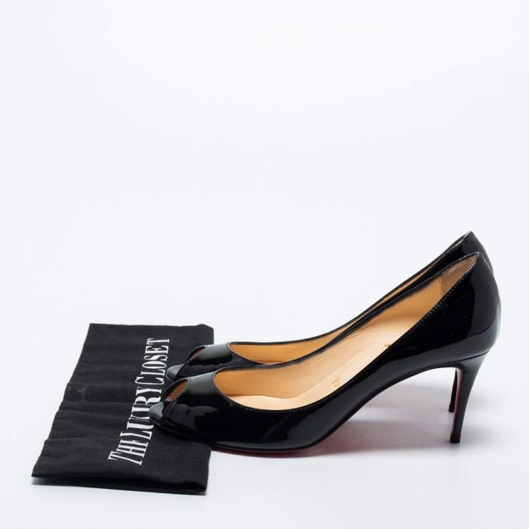 Pre Owned Christian Louboutin Black Patent Leather Flo Peep Toe Pumps Size 35