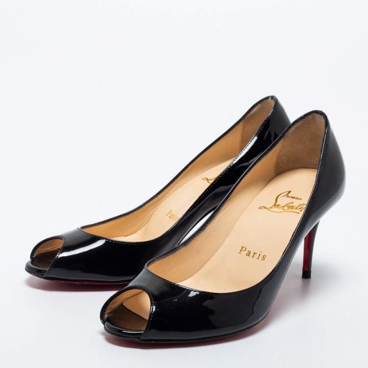 Pre Owned Christian Louboutin Black Patent Leather Flo Peep Toe Pumps Size 35