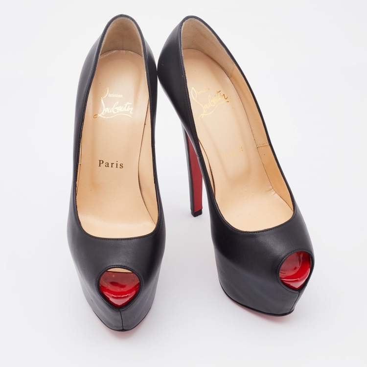 Pre Owned Christian Louboutin Black Leather Highness Peep Toe Platform Pumps Size 36.5