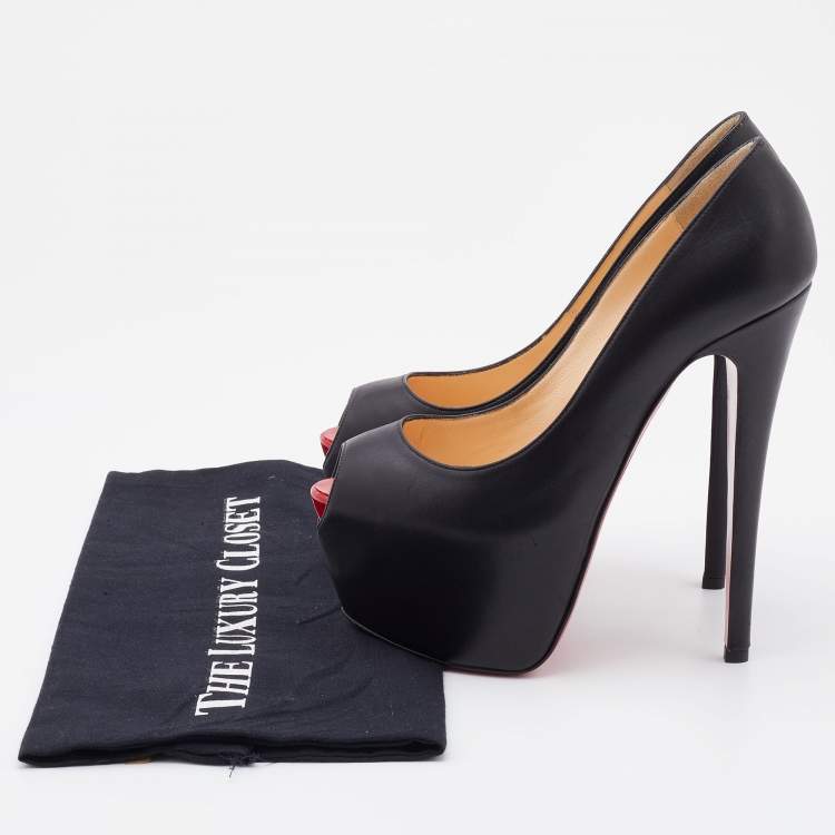 Pre Owned Christian Louboutin Black Leather Highness Peep Toe Platform Pumps Size 36.5