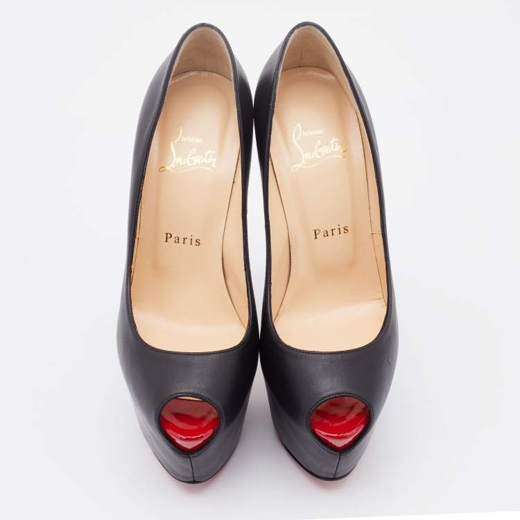 Pre Owned Christian Louboutin Black Leather Highness Peep Toe Platform Pumps Size 36.5