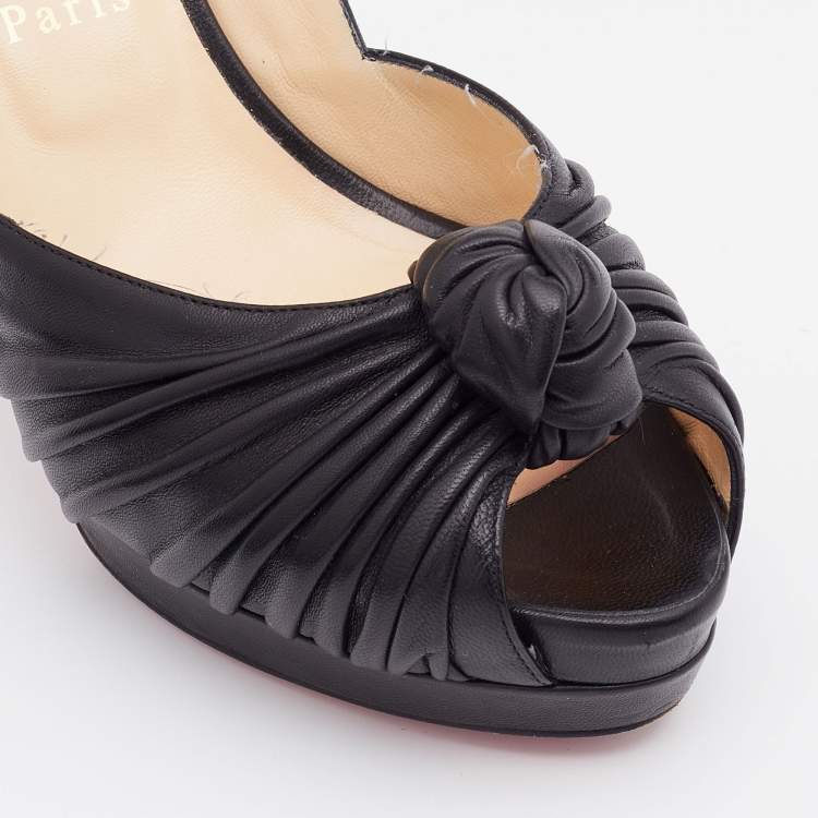 Pre Owned Christian Louboutin Black Leather Jenny Knot Peep Toe Platform Pumps Size 37.5