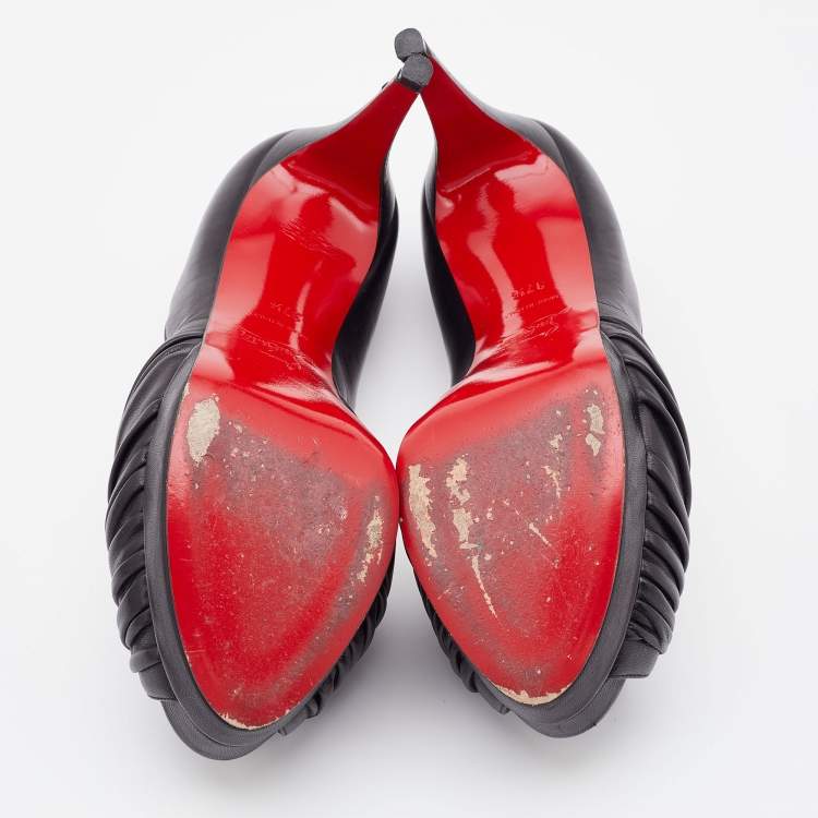 Pre Owned Christian Louboutin Black Leather Jenny Knot Peep Toe Platform Pumps Size 37.5