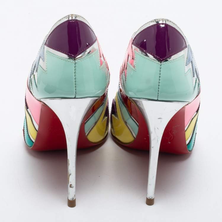 Pre Owned Christian Louboutin Multicolor Patent Leather Explotek Zigzag Pumps Size 34.5