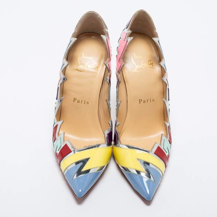 Pre Owned Christian Louboutin Multicolor Patent Leather Explotek Zigzag Pumps Size 34.5