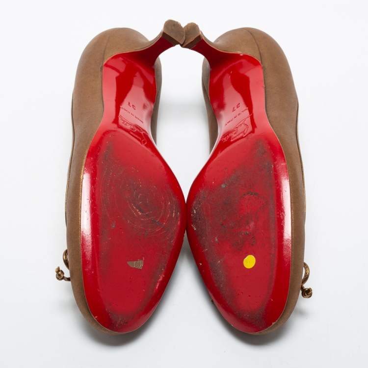 Pre Owned Christian Louboutin Bronze Leather Bow Round Toe Pumps Size 37