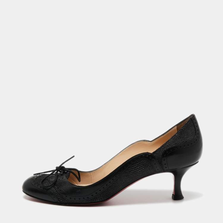 Pre Owned Christian Louboutin Black Textured and Leather Lace Up Round Toe Pumps Size 37.5
