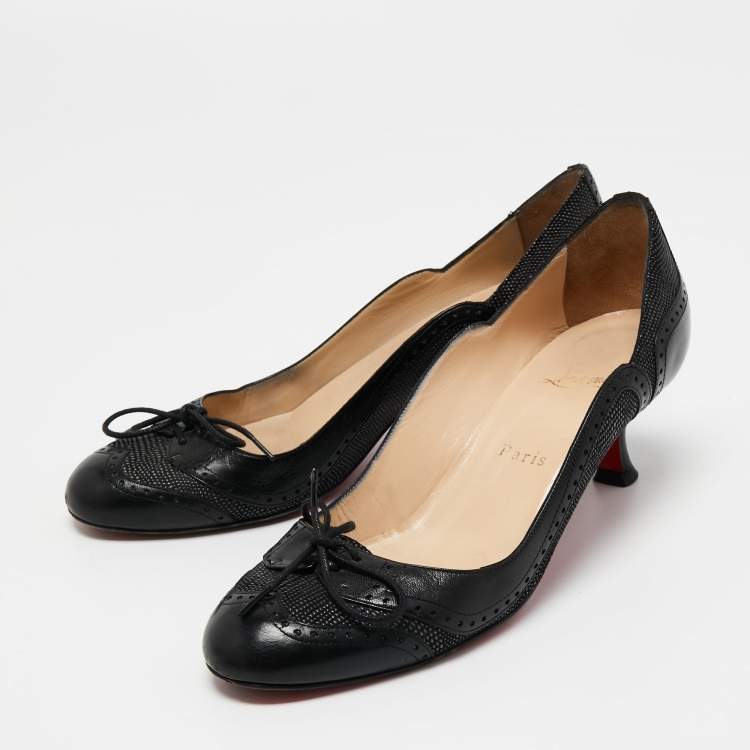 Pre Owned Christian Louboutin Black Textured and Leather Lace Up Round Toe Pumps Size 37.5