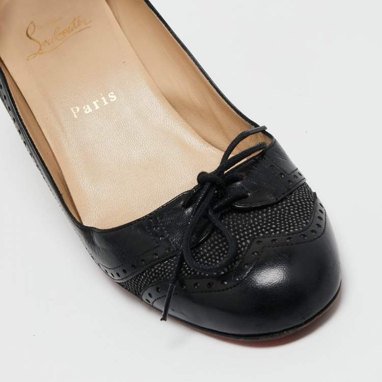 Pre Owned Christian Louboutin Black Textured and Leather Lace Up Round Toe Pumps Size 37.5