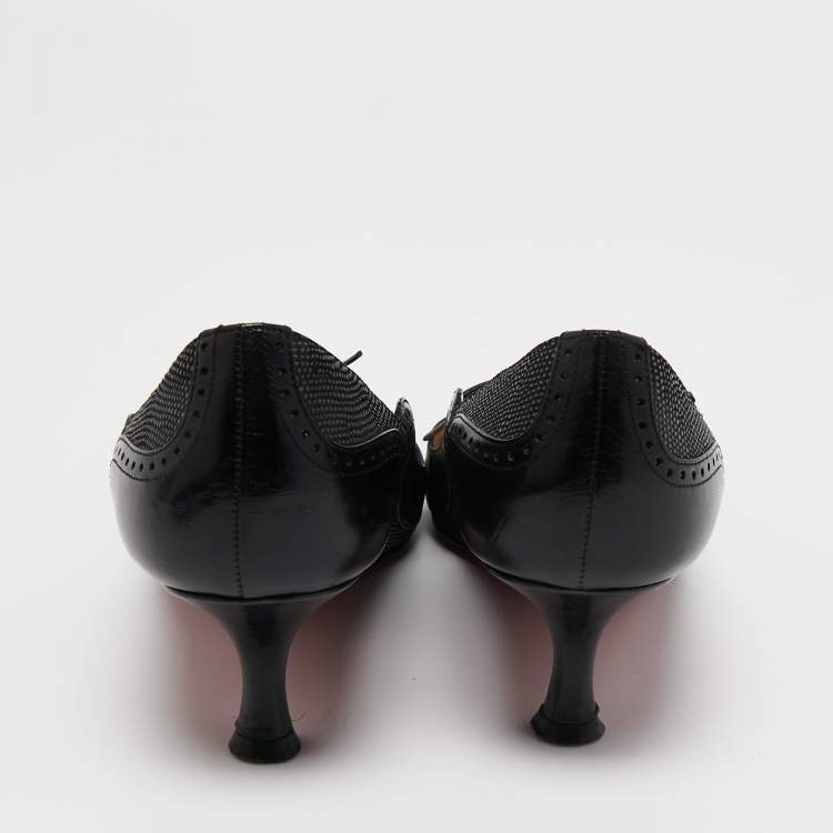Pre Owned Christian Louboutin Black Textured and Leather Lace Up Round Toe Pumps Size 37.5