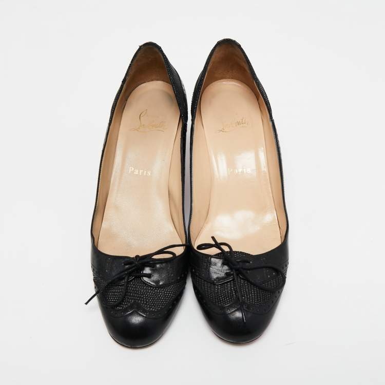 Pre Owned Christian Louboutin Black Textured and Leather Lace Up Round Toe Pumps Size 37.5