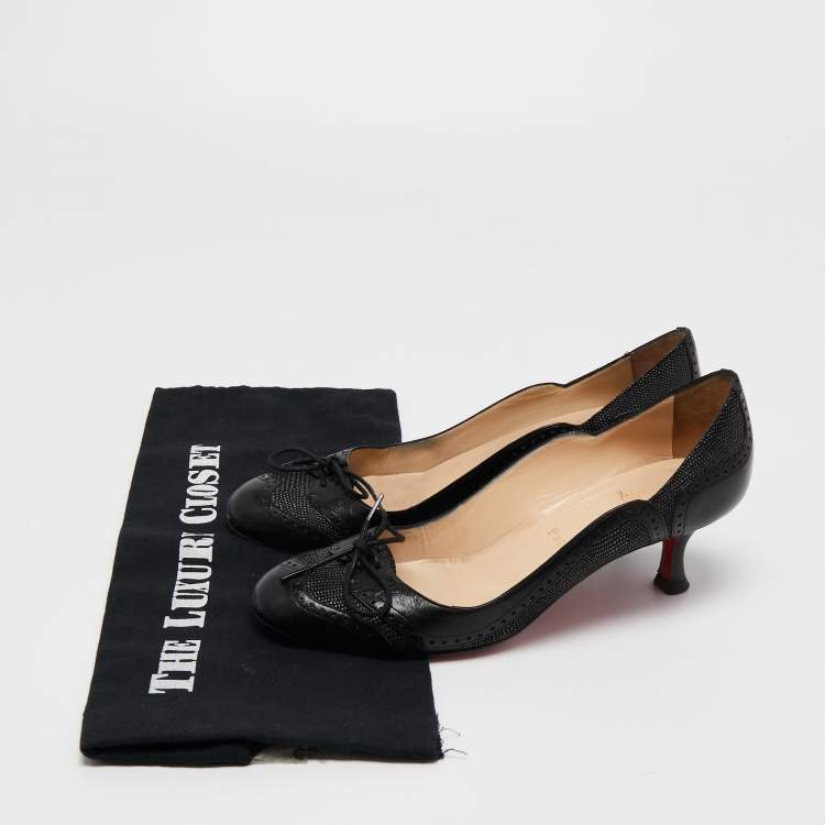 Pre Owned Christian Louboutin Black Textured and Leather Lace Up Round Toe Pumps Size 37.5