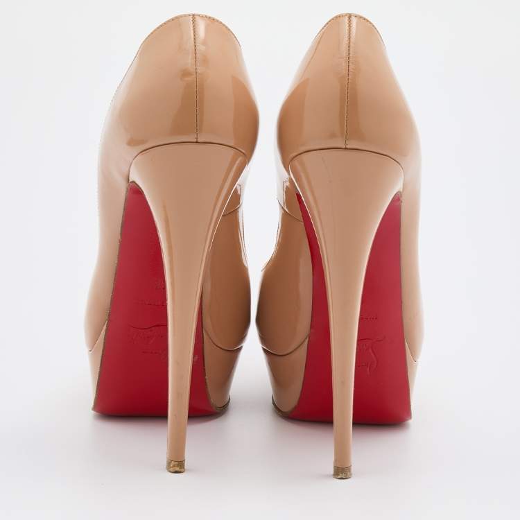 Pre Owned Christian Louboutin Beige Patent Leather Lady Peep Toe Platform Pumps Size 38
