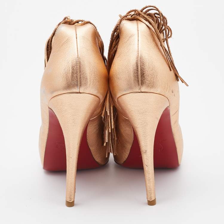 Pre Owned Christian Louboutin Gold Leather Tina Fringe Detail Ankle Strap Pumps Size 37