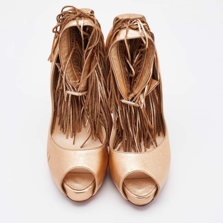 Pre Owned Christian Louboutin Gold Leather Tina Fringe Detail Ankle Strap Pumps Size 37