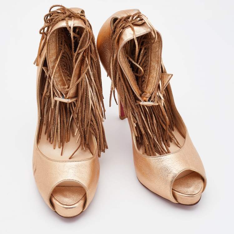 Pre Owned Christian Louboutin Gold Leather Tina Fringe Detail Ankle Strap Pumps Size 37