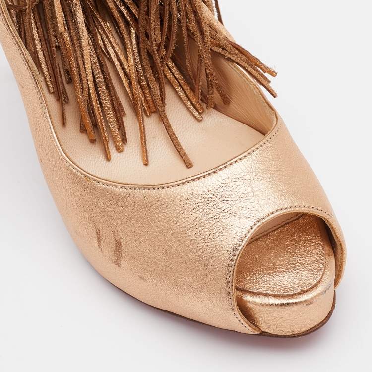 Pre Owned Christian Louboutin Gold Leather Tina Fringe Detail Ankle Strap Pumps Size 37