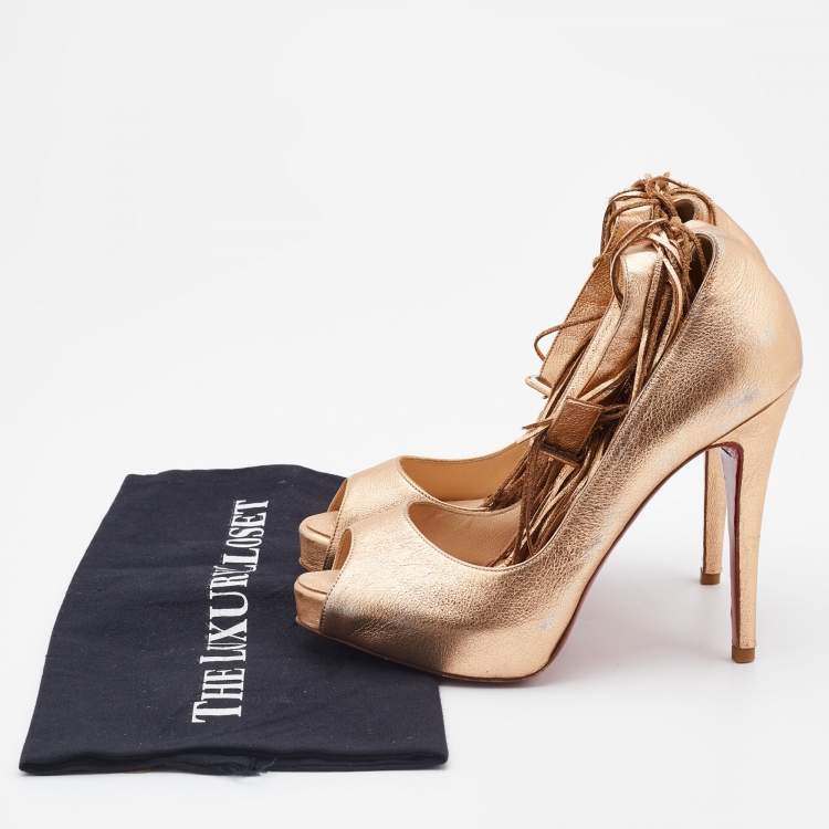 Pre Owned Christian Louboutin Gold Leather Tina Fringe Detail Ankle Strap Pumps Size 37