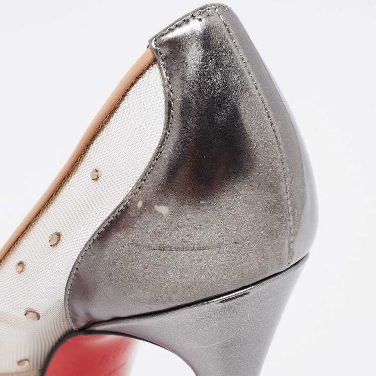Pre Owned Christian Louboutin Metallic Grey Leather and Mesh Follies Strass Pumps Size 38.5