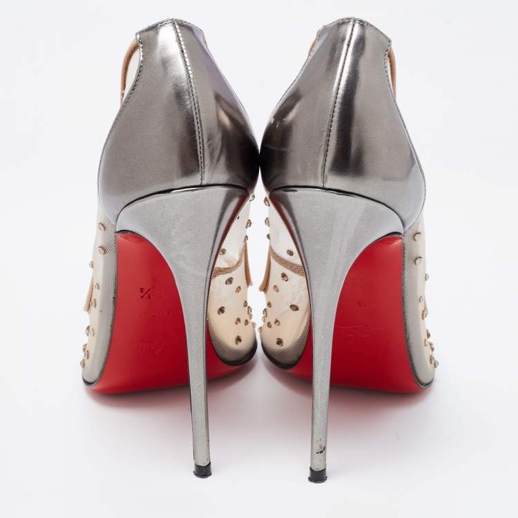 Pre Owned Christian Louboutin Metallic Grey Leather and Mesh Follies Strass Pumps Size 38.5