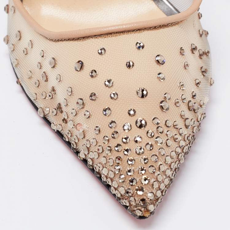 Pre Owned Christian Louboutin Metallic Grey Leather and Mesh Follies Strass Pumps Size 38.5