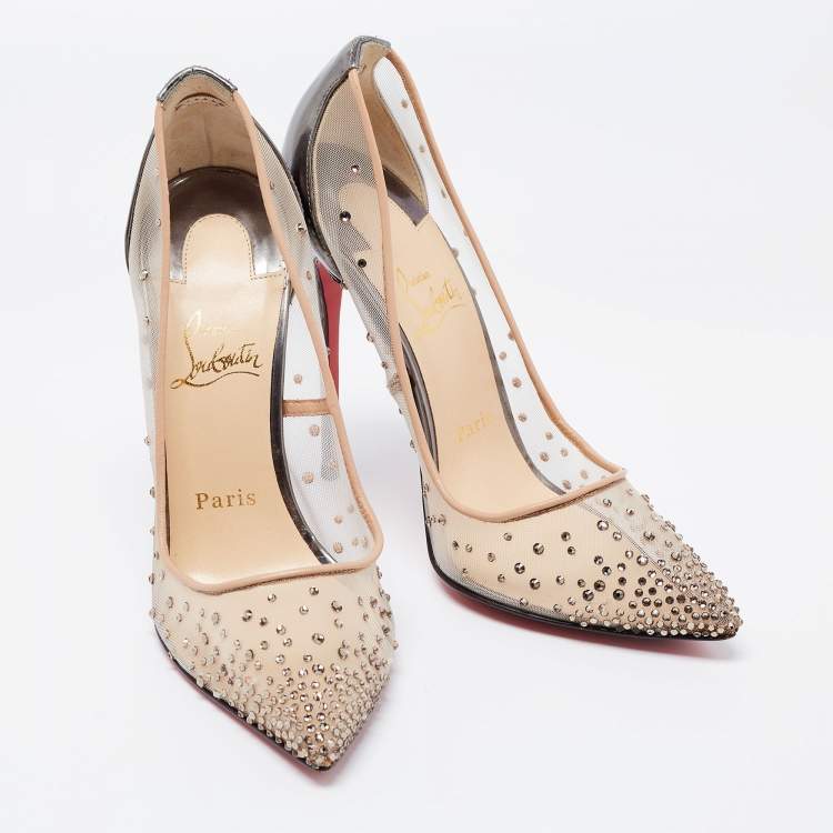 Pre Owned Christian Louboutin Metallic Grey Leather and Mesh Follies Strass Pumps Size 38.5