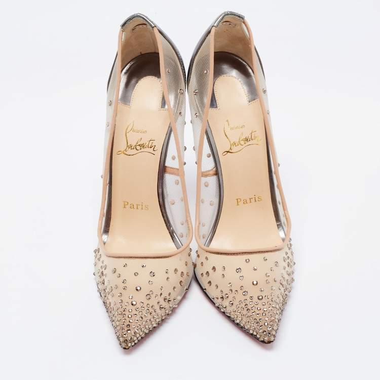 Pre Owned Christian Louboutin Metallic Grey Leather and Mesh Follies Strass Pumps Size 38.5