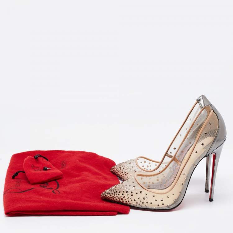 Pre Owned Christian Louboutin Metallic Grey Leather and Mesh Follies Strass Pumps Size 38.5