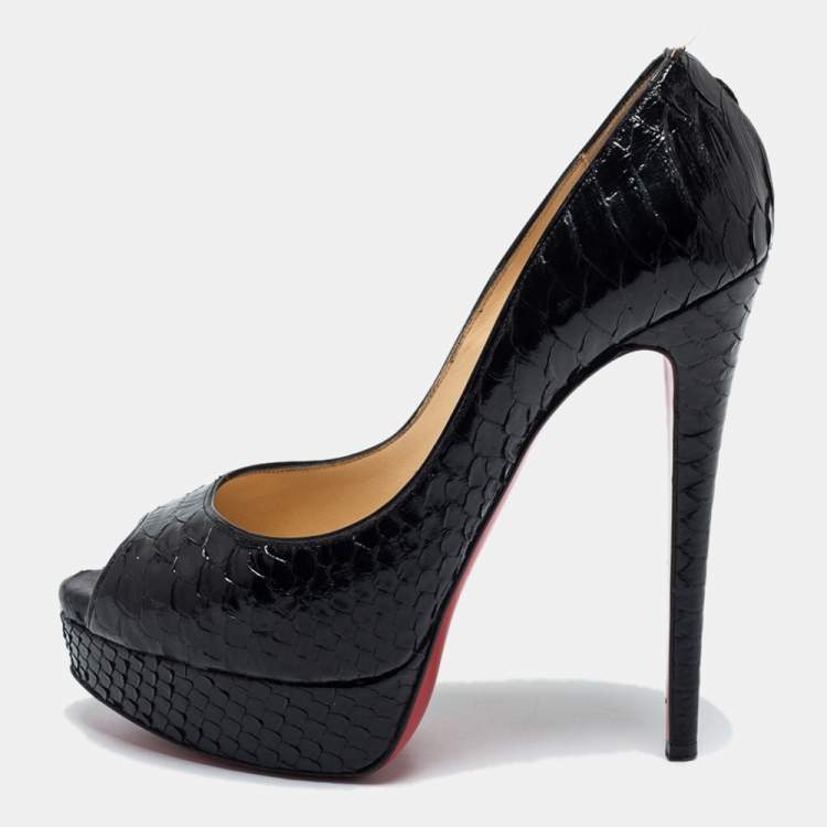 Pre Owned Christian Louboutin Black Python Leather Lady Peep Toe Platform Pumps Size 38