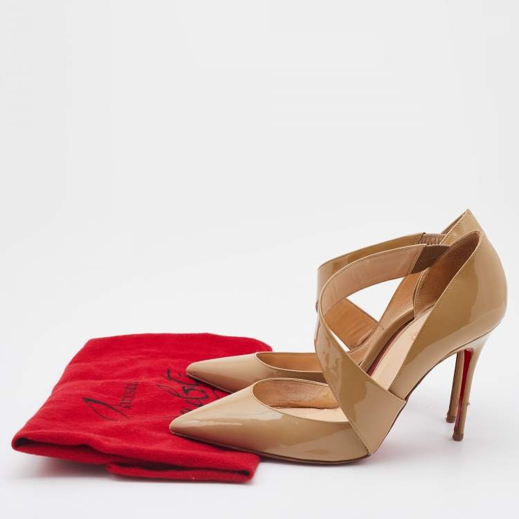 Pre Owned Christian Louboutin Beige Patent Leather Ograde Pointed Toe Pumps Size 36.5