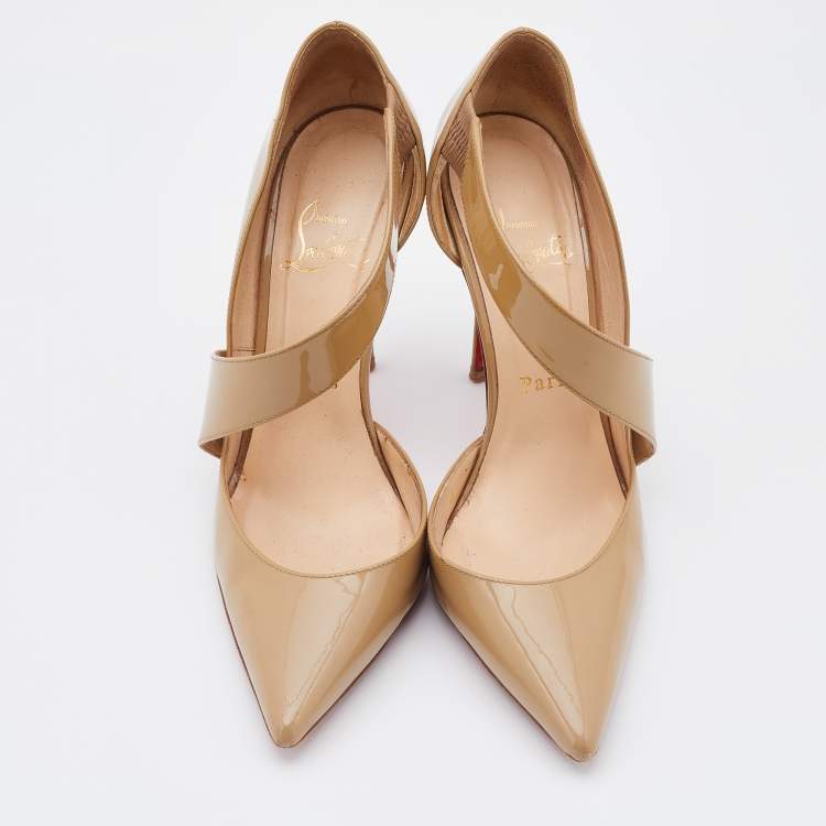 Pre Owned Christian Louboutin Beige Patent Leather Ograde Pointed Toe Pumps Size 36.5