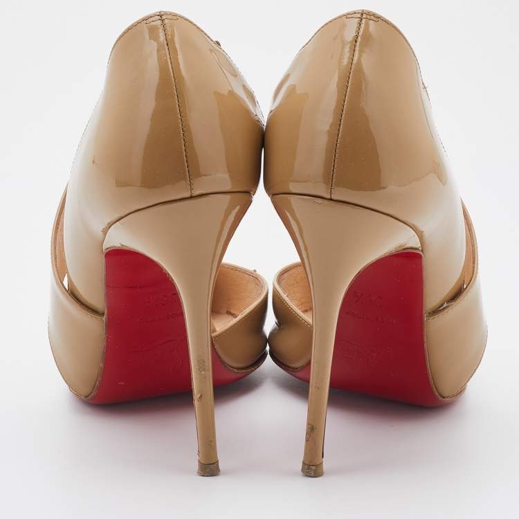 Pre Owned Christian Louboutin Beige Patent Leather Ograde Pointed Toe Pumps Size 36.5