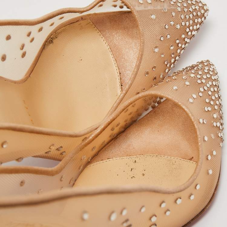 مملوكة مسبقًا Christian Louboutin Beige Mesh And Suede Follies Strass  Pumps Size 38.5