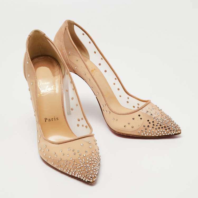 مملوكة مسبقًا Christian Louboutin Beige Mesh And Suede Follies Strass  Pumps Size 38.5