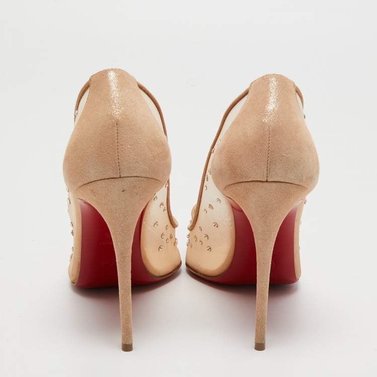 مملوكة مسبقًا Christian Louboutin Beige Mesh And Suede Follies Strass  Pumps Size 38.5