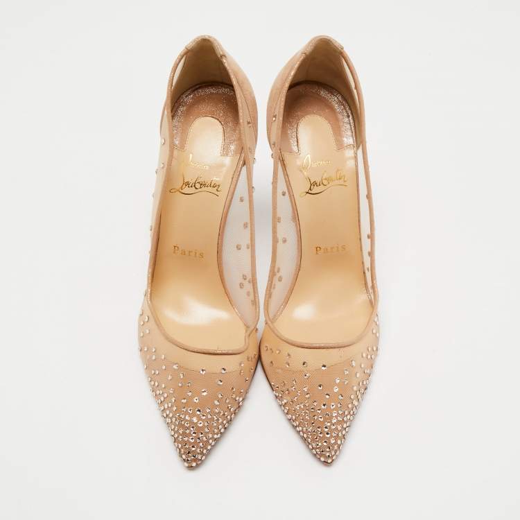 مملوكة مسبقًا Christian Louboutin Beige Mesh And Suede Follies Strass  Pumps Size 38.5