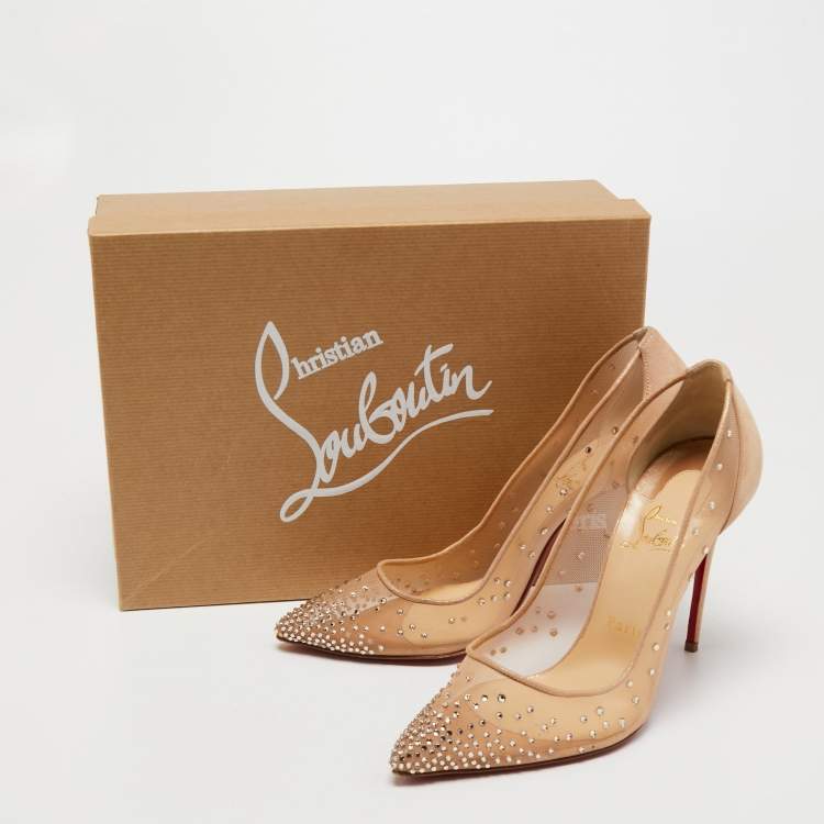 مملوكة مسبقًا Christian Louboutin Beige Mesh And Suede Follies Strass  Pumps Size 38.5