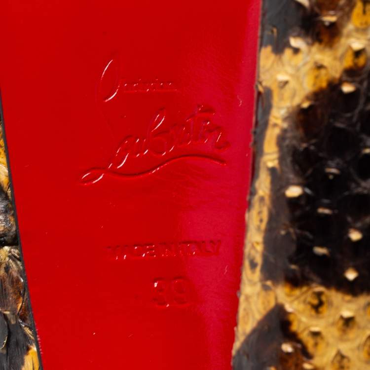 Pre Owned Christian Louboutin Brown/Yellow Python Leather Peep Toe Platform Ankle Strap Sandals Size 39