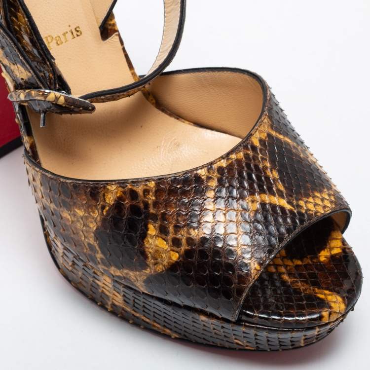 Pre Owned Christian Louboutin Brown/Yellow Python Leather Peep Toe Platform Ankle Strap Sandals Size 39