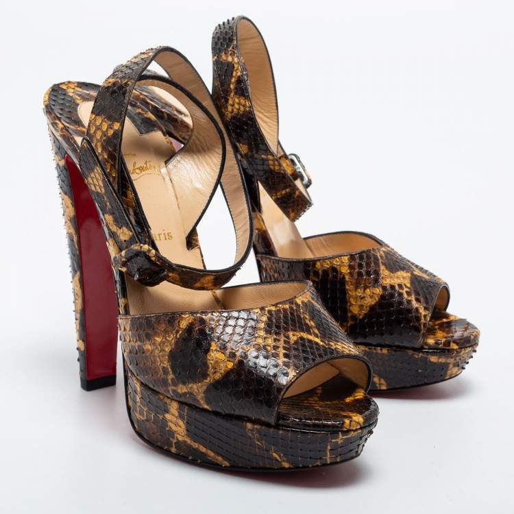 Pre Owned Christian Louboutin Brown/Yellow Python Leather Peep Toe Platform Ankle Strap Sandals Size 39