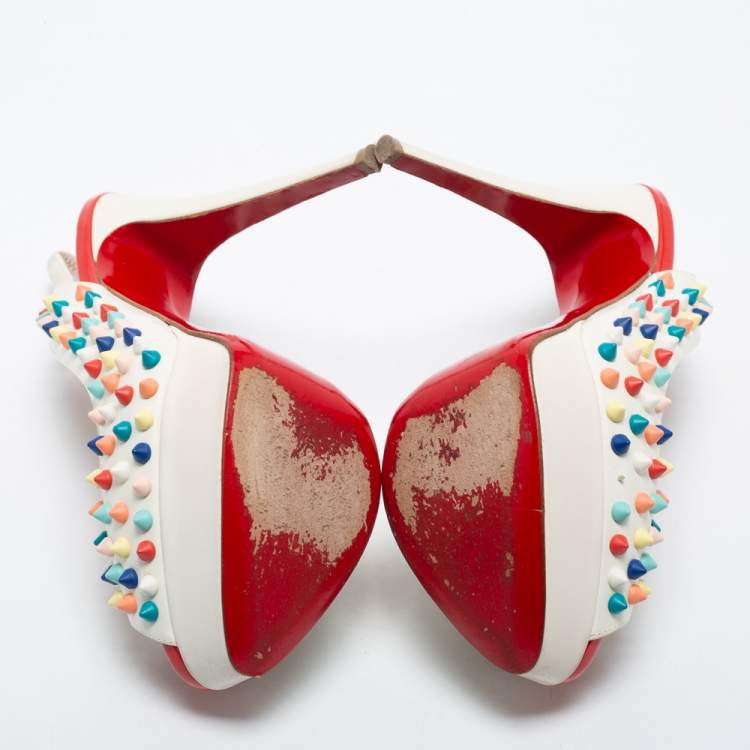 Pre Owned Christian Louboutin White Leather Lady Peep Multicolor Spikes Slingback Pumps Size 38.5