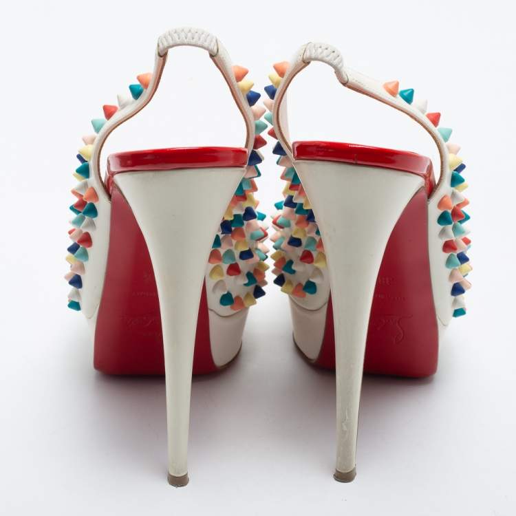 Pre Owned Christian Louboutin White Leather Lady Peep Multicolor Spikes Slingback Pumps Size 38.5