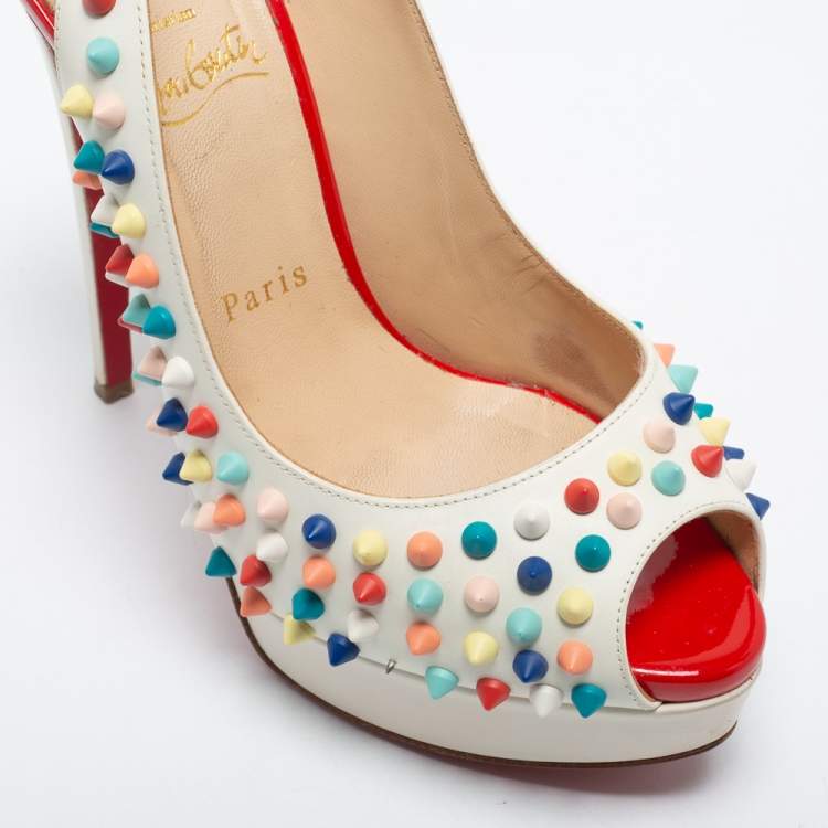 Pre Owned Christian Louboutin White Leather Lady Peep Multicolor Spikes Slingback Pumps Size 38.5