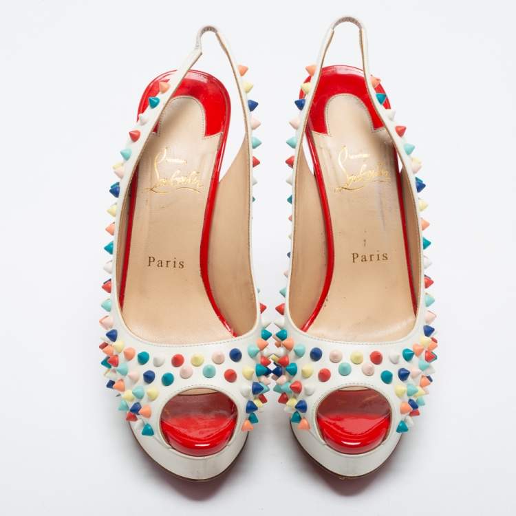 Pre Owned Christian Louboutin White Leather Lady Peep Multicolor Spikes Slingback Pumps Size 38.5
