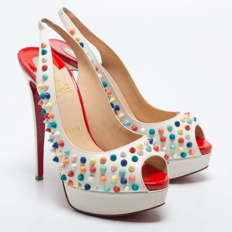 Pre Owned Christian Louboutin White Leather Lady Peep Multicolor Spikes Slingback Pumps Size 38.5