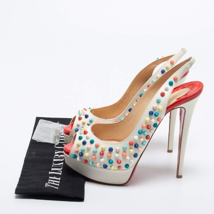 Pre Owned Christian Louboutin White Leather Lady Peep Multicolor Spikes Slingback Pumps Size 38.5