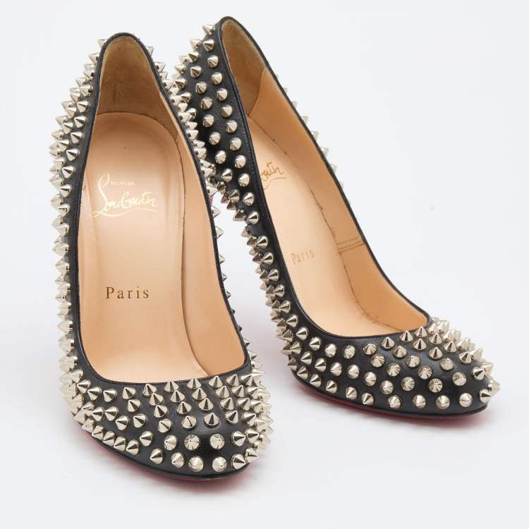 Pre Owned Christian Louboutin Black Leather Fifi Spike Round Toe Pumps Size 37