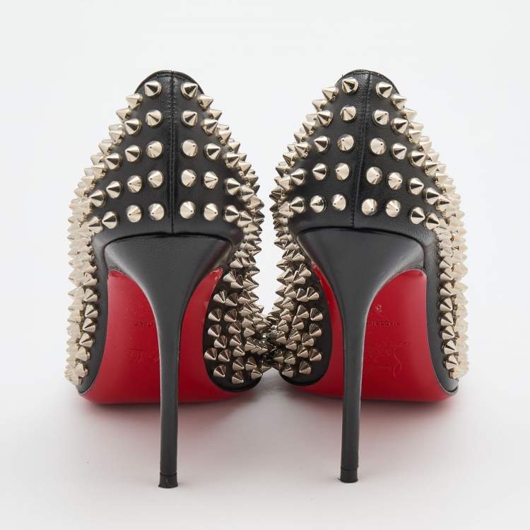 Pre Owned Christian Louboutin Black Leather Fifi Spike Round Toe Pumps Size 37